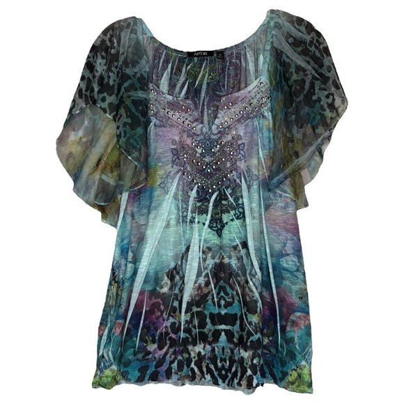 apt. 9 - Short Sleeve Scoop Neck Bohemian Flutter Sleeve Top - Size Medium - Picture 2 of 5